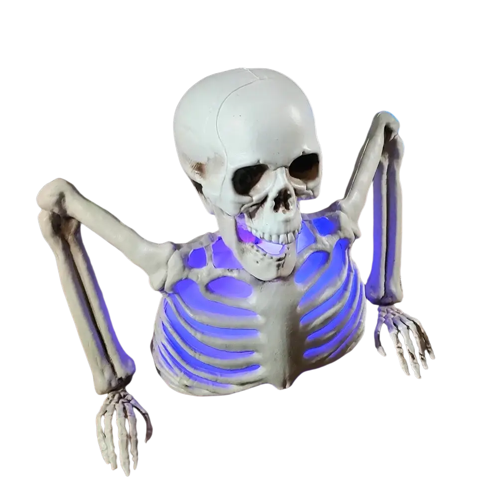 Glowing skeleton halloween prop featuring a purple led light with white plastic body and articulated limbs posed emerging