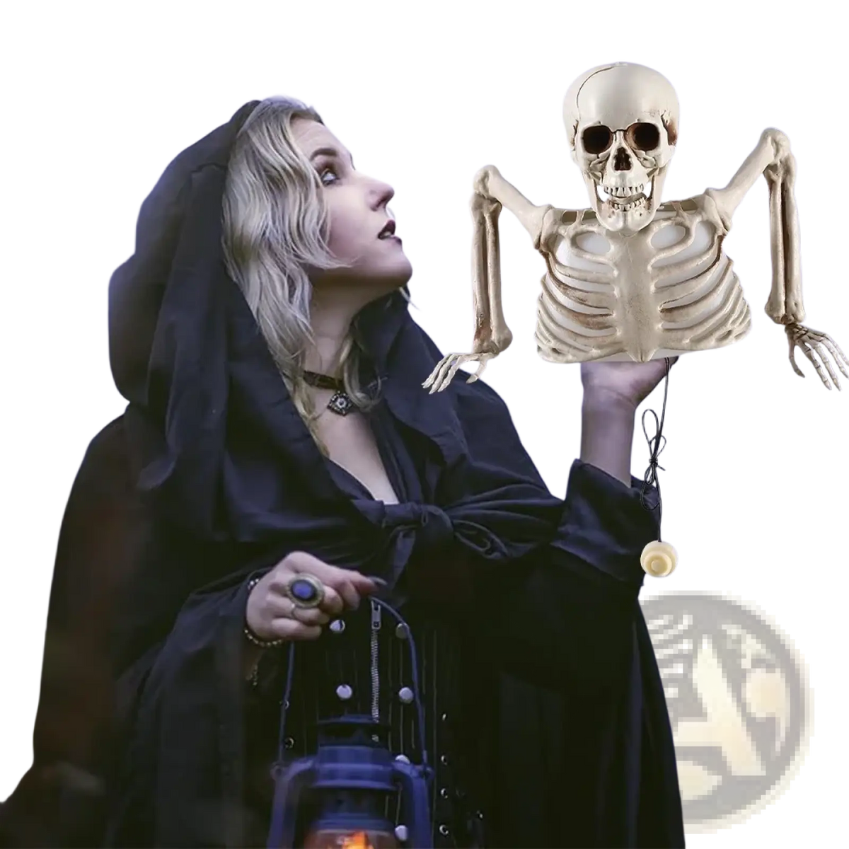 A beige plastic glowing skeleton with articulated arms and legs designed as a halloween decorative prop