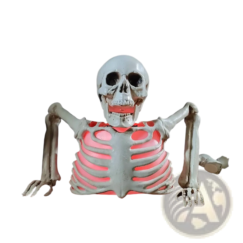 Glowing skeleton halloween prop with a white plastic finish and glowing pink led articulated torso for decoration
