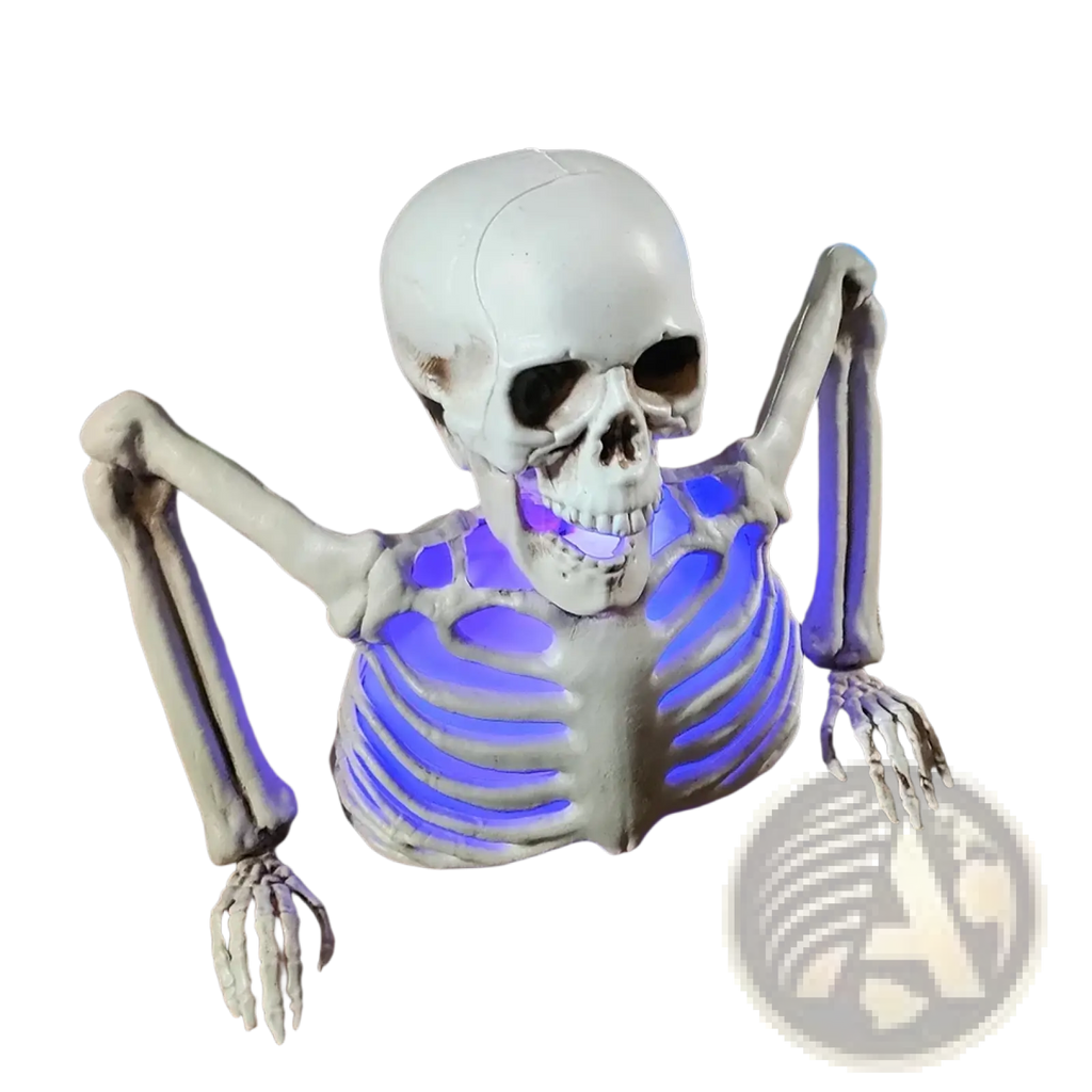 Glowing skeleton halloween prop featuring a purple led light with white plastic body and articulated limbs posed emerging