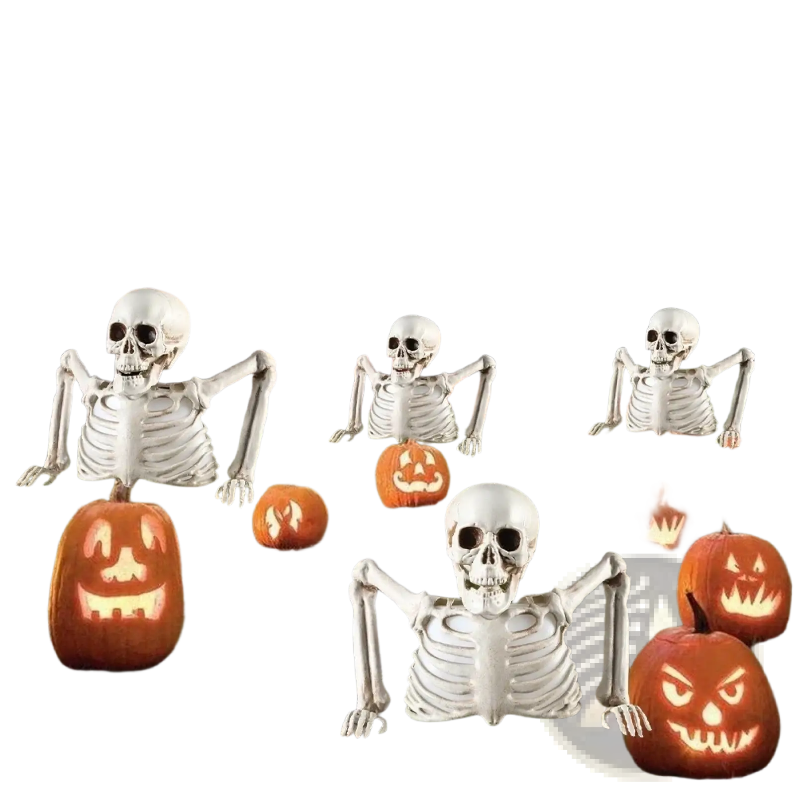 White plastic glowing skeleton halloween prop with articulated limbs and detailed ribcage structure