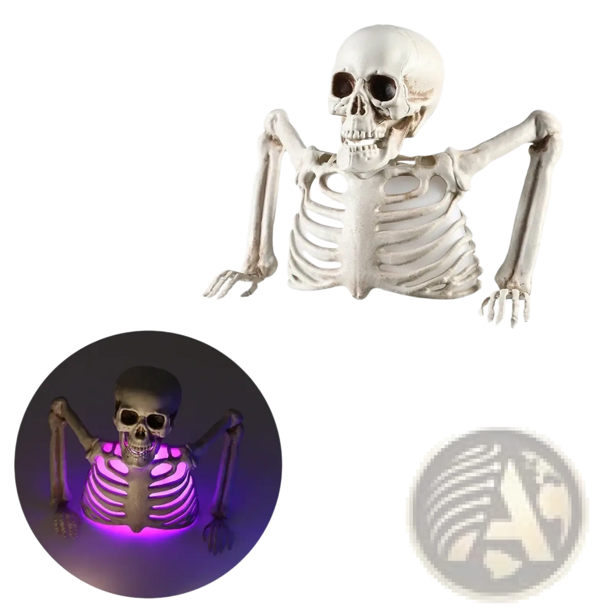 A white plastic glowing skeleton halloween prop with purple led lights illuminating its ribcage
