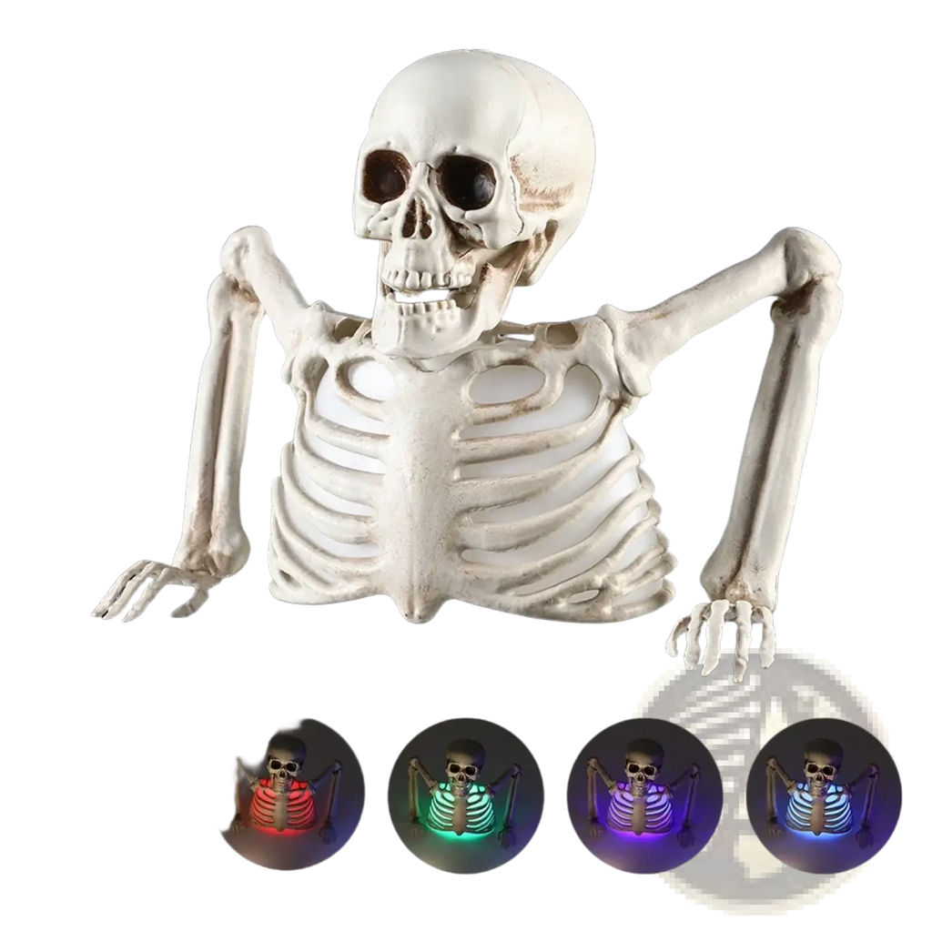 White plastic skeleton halloween prop with glowing multicolor ribcage for festive decoration and display