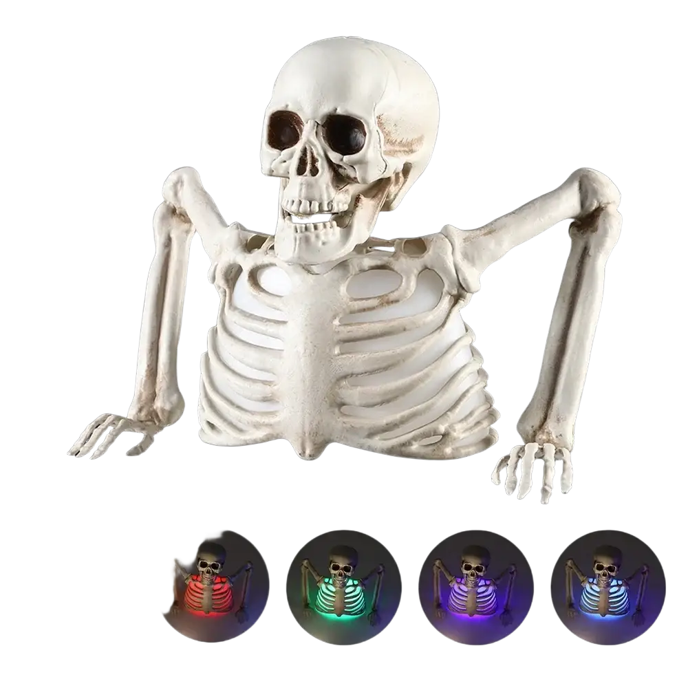 White plastic skeleton halloween prop with glowing multicolor ribcage for festive decoration and display