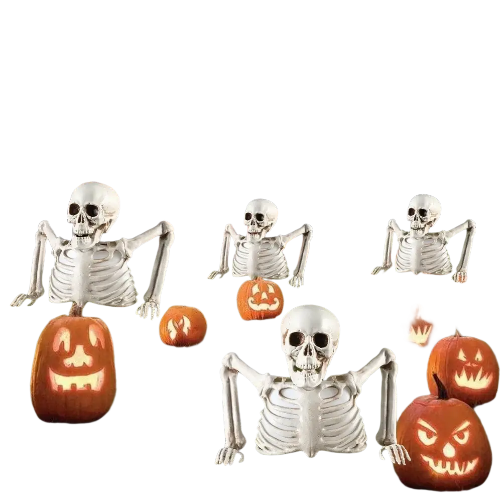 White plastic glowing skeleton halloween prop with articulated limbs and detailed ribcage structure