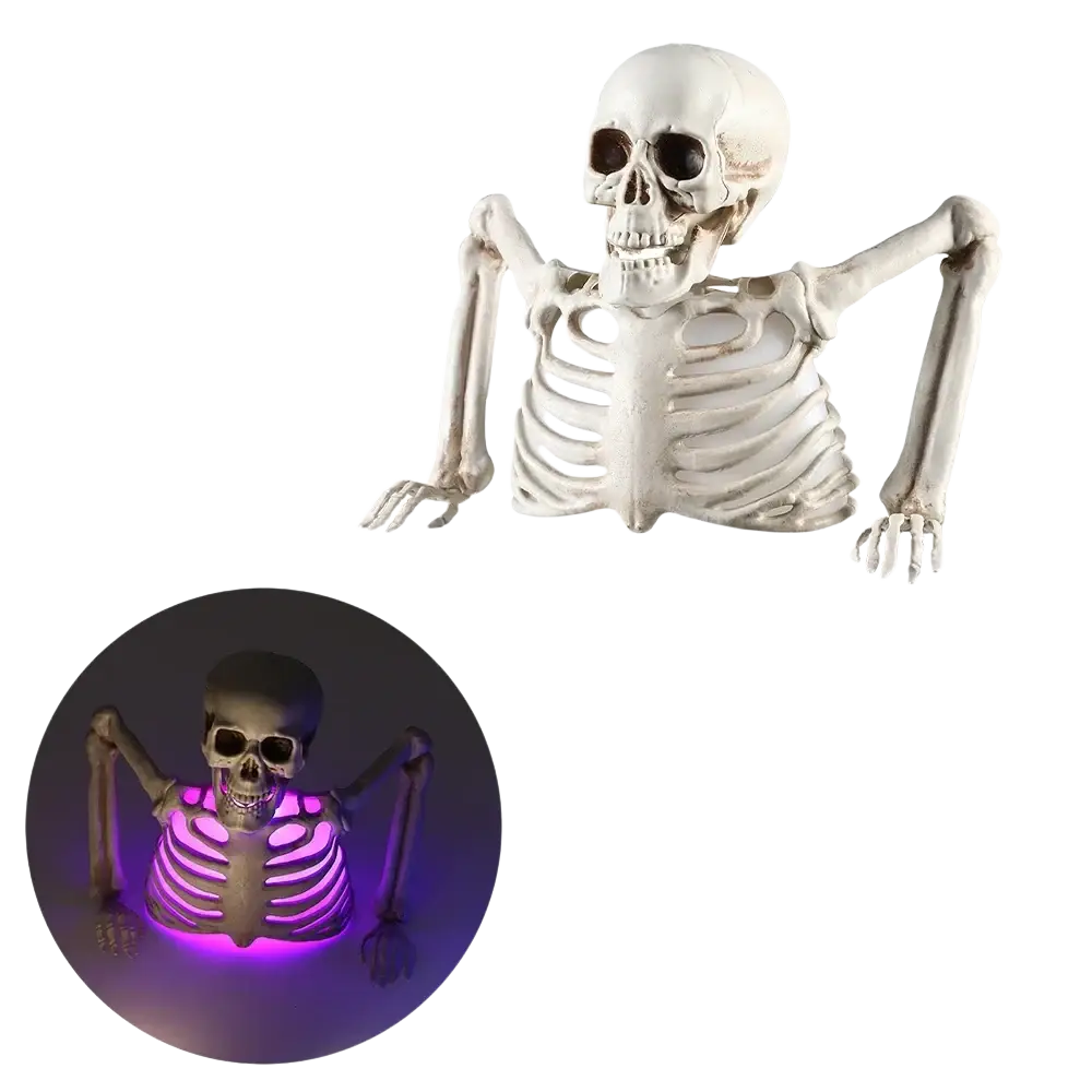 A white plastic glowing skeleton halloween prop with purple led lights illuminating its ribcage