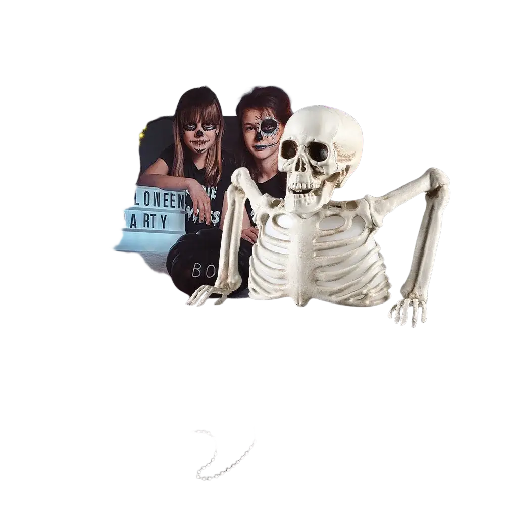 White plastic skeleton decoration with articulated limbs and detailed bone structure for glowing halloween prop use
