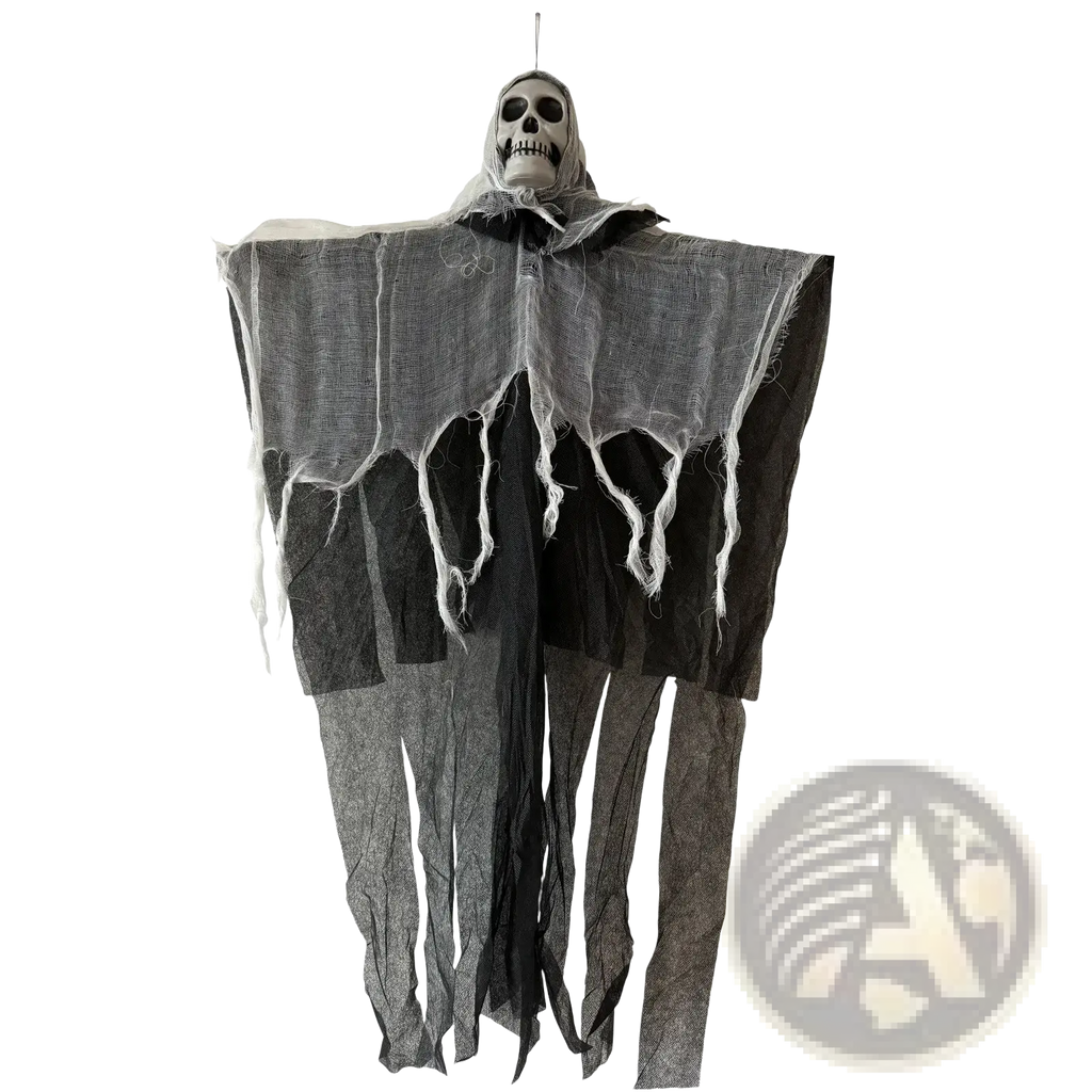 Glowing skull hanging halloween ghost decoration with a skull head and tattered black and gray fabric robe