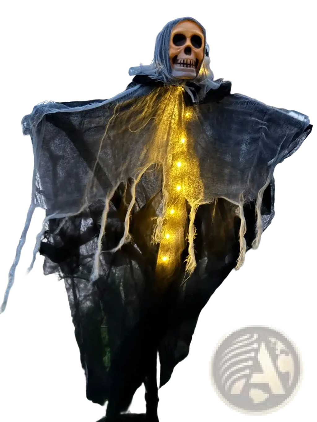 A glowing skull hanging halloween ghost decoration with a skeleton figure draped in black tattered fabric and string lights