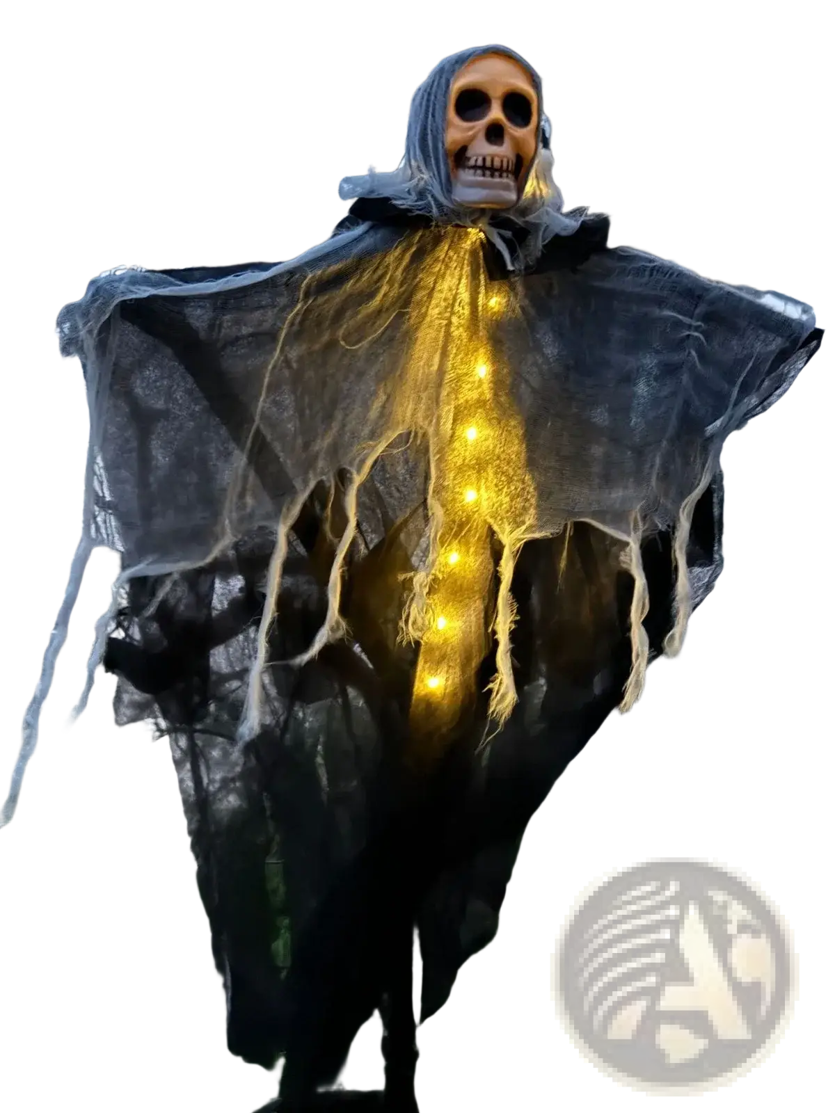 A glowing skull hanging halloween ghost decoration with a skeleton figure draped in black tattered fabric and string lights