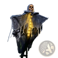 A glowing skull hanging Halloween ghost decoration with a translucent black fabric and embedded string lights