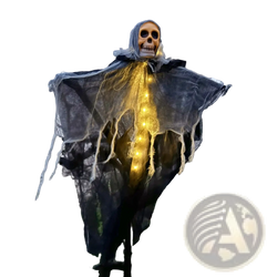 A glowing skull hanging Halloween ghost decoration with a translucent black fabric and embedded string lights