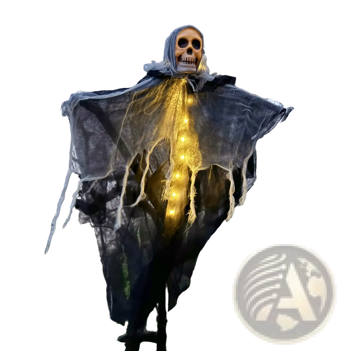 A glowing skull hanging Halloween ghost decoration with a translucent black fabric and embedded string lights