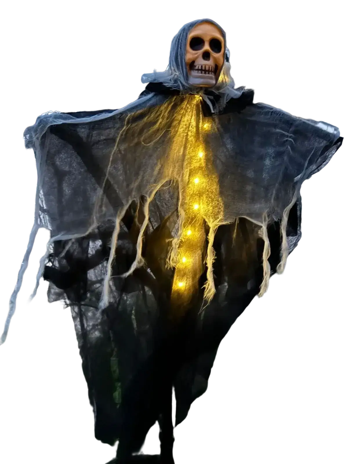 Glowing skull hanging halloween ghost decoration featuring a skeletal figure in dark tattered fabric with yellow lights