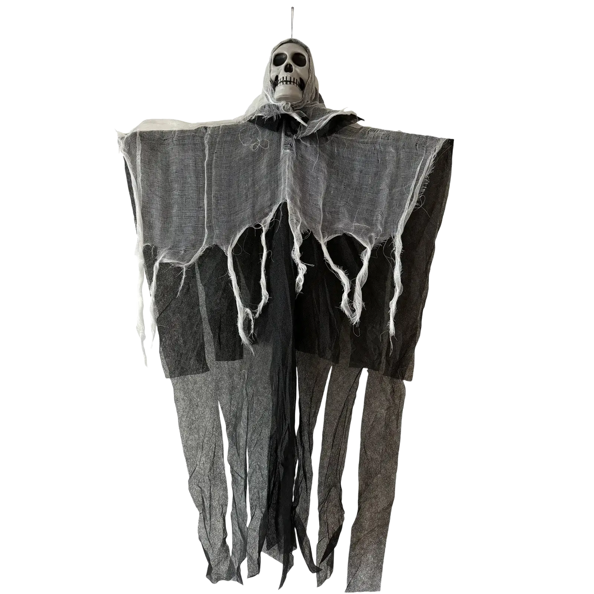 Glowing skull hanging halloween ghost decoration with a skull head and tattered black and gray fabric robe
