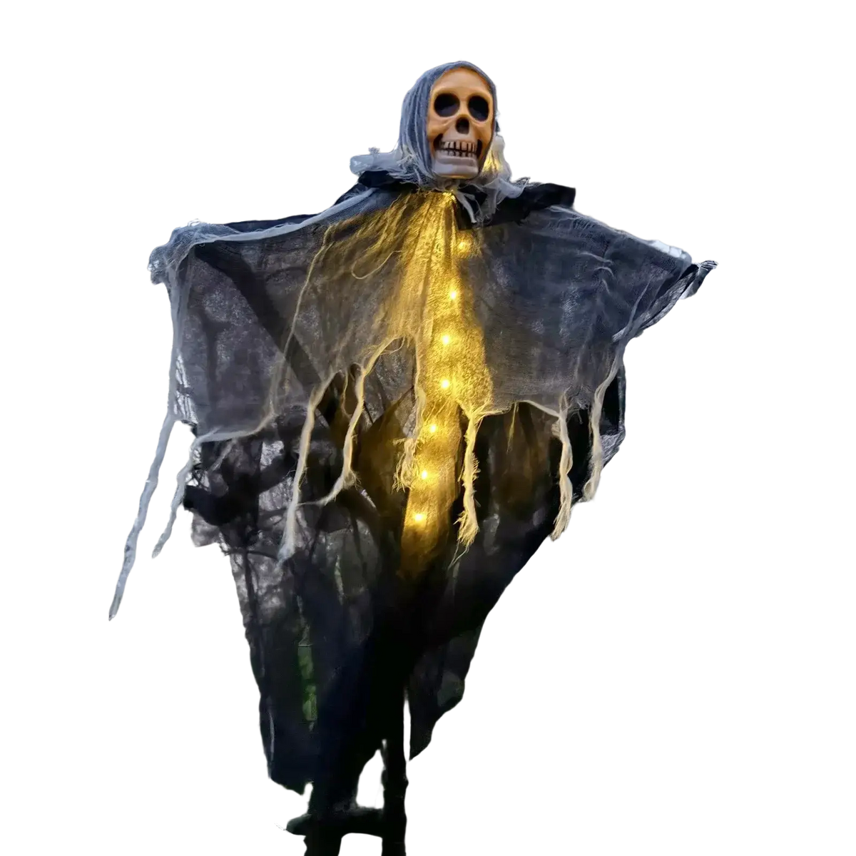 Glowing skull hanging halloween ghost decoration with skeletal figure draped in dark fabric and glowing yellow lights