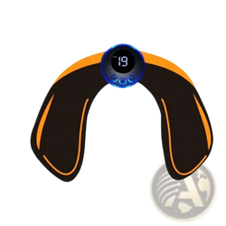Black and orange glute stimulator wireless hip trainer with blue digital display showing number 19 on abdominal muscle pad