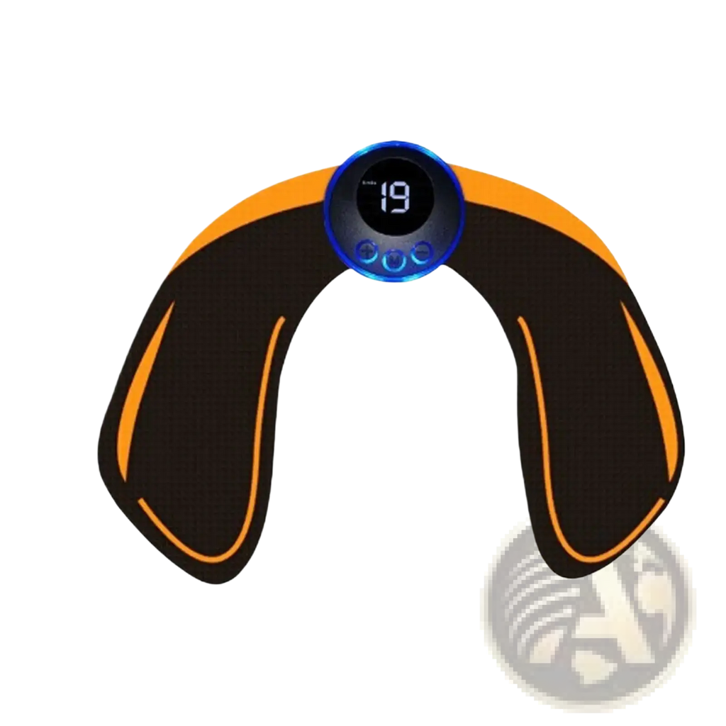 Black and orange digital fitness glute stimulator wireless hip trainer with blue control panel showing number 19