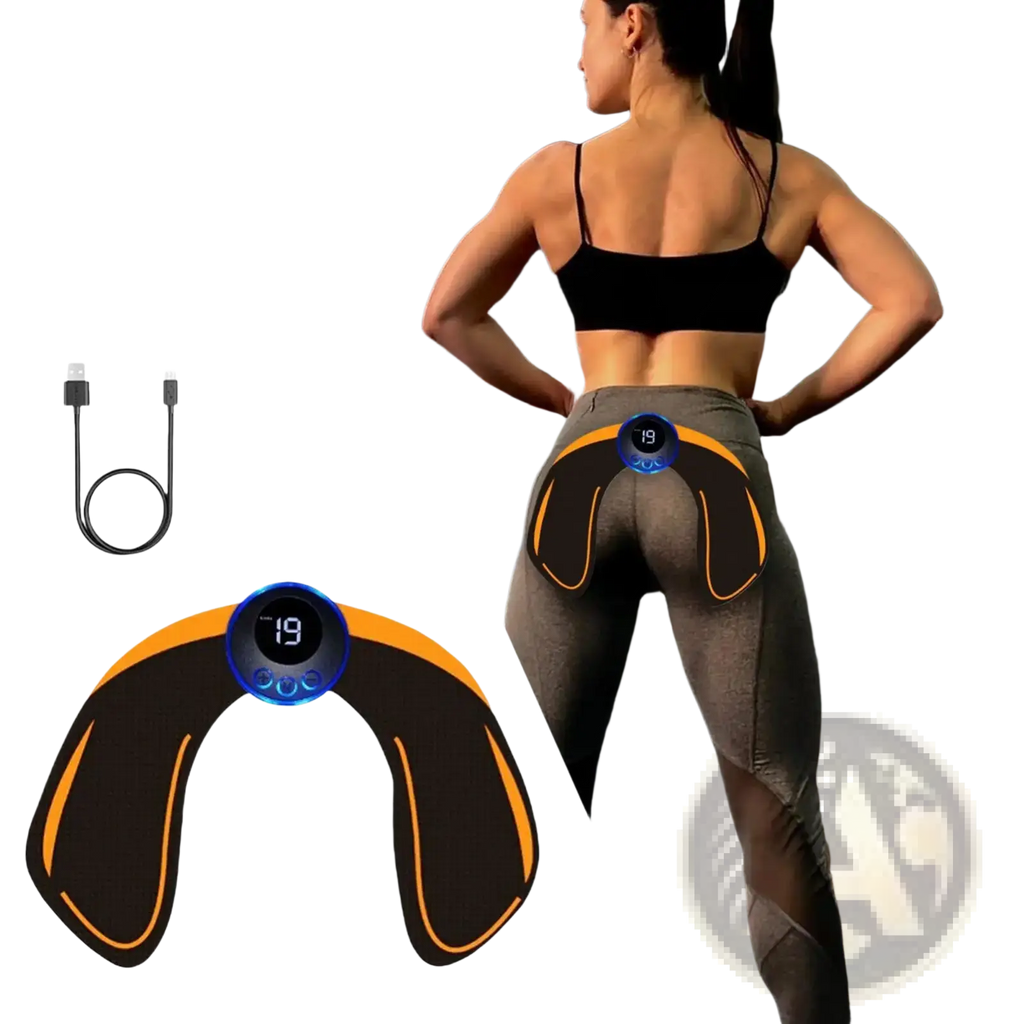 Black and orange wireless glute stimulator hip trainer equipment with digital display for muscle stimulation