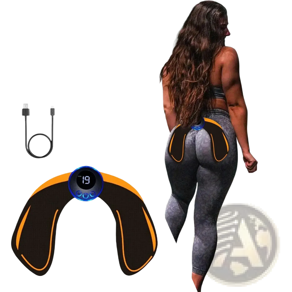 Black and orange electric glute stimulator wireless hip trainer with blue digital display showing number 19