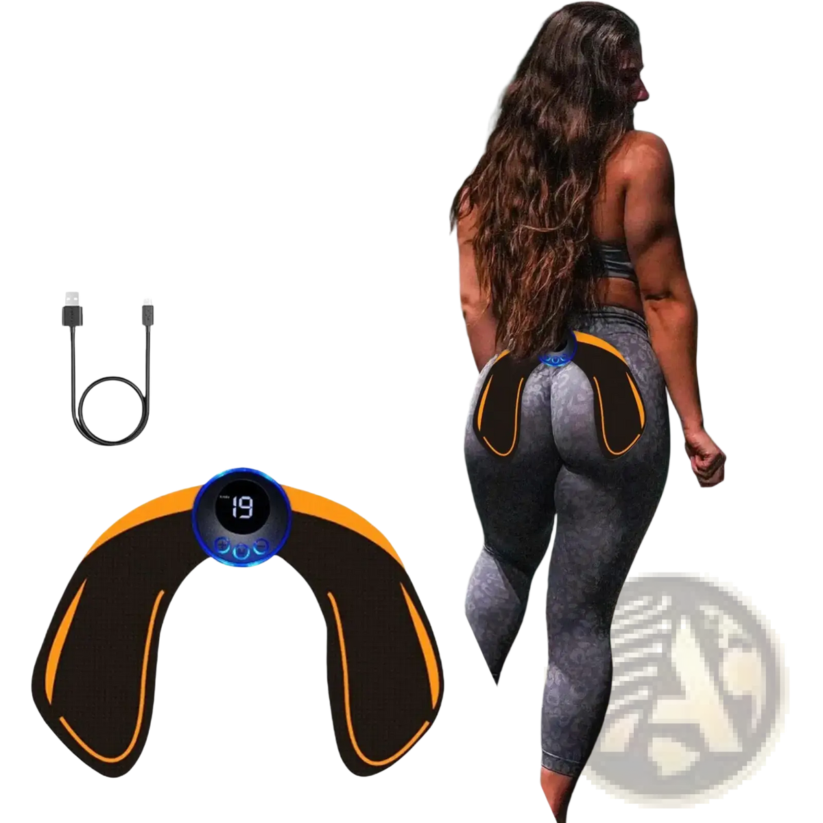 Black and orange electric glute stimulator wireless hip trainer with blue digital display showing number 19