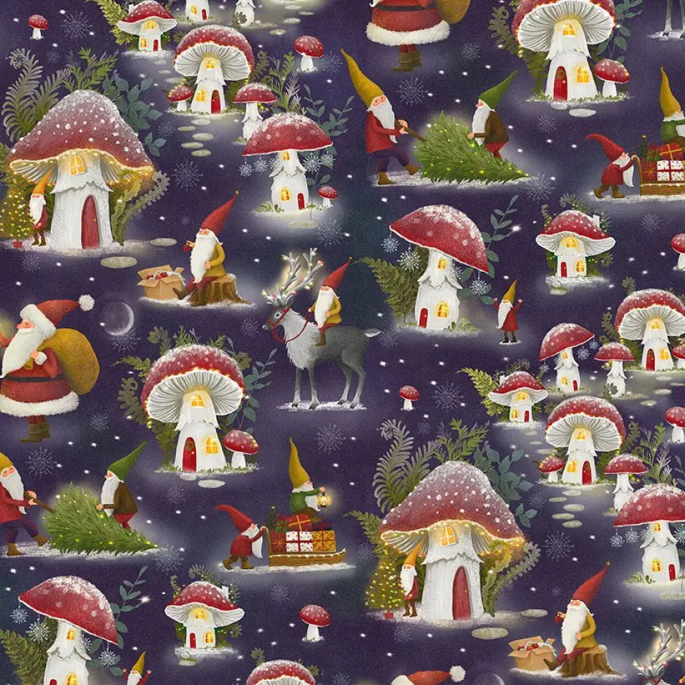 Gnome and mushroom night sky cotton midi dress with festive mushroom house print in red white and purple colors