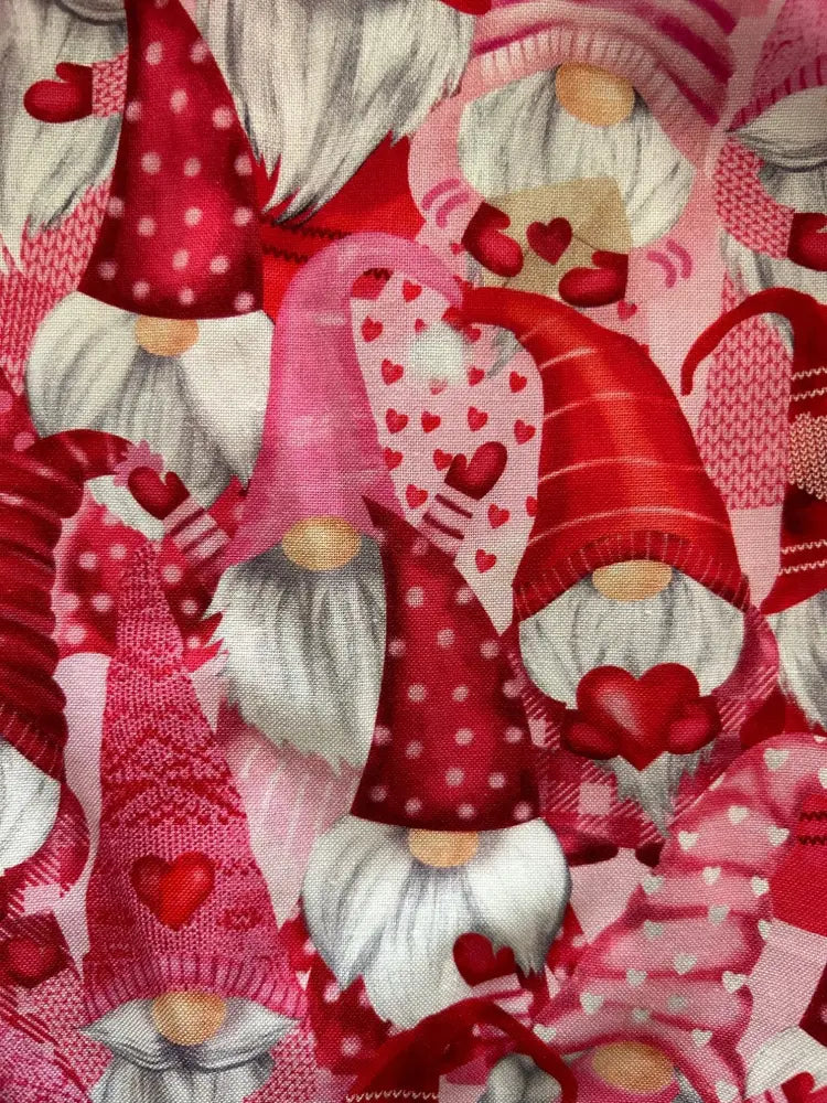 Retro gnomes pink cotton a-line dress with pockets featuring red and pink gnome fabric with white beards hearts and polka dots