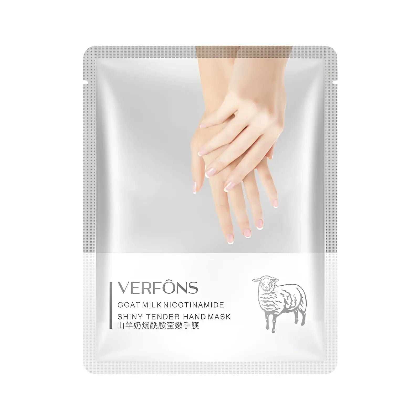Verfons goat milk niacinamide hand mask whitening moisturizer in sleek silver and white foil pouch with sheep logo