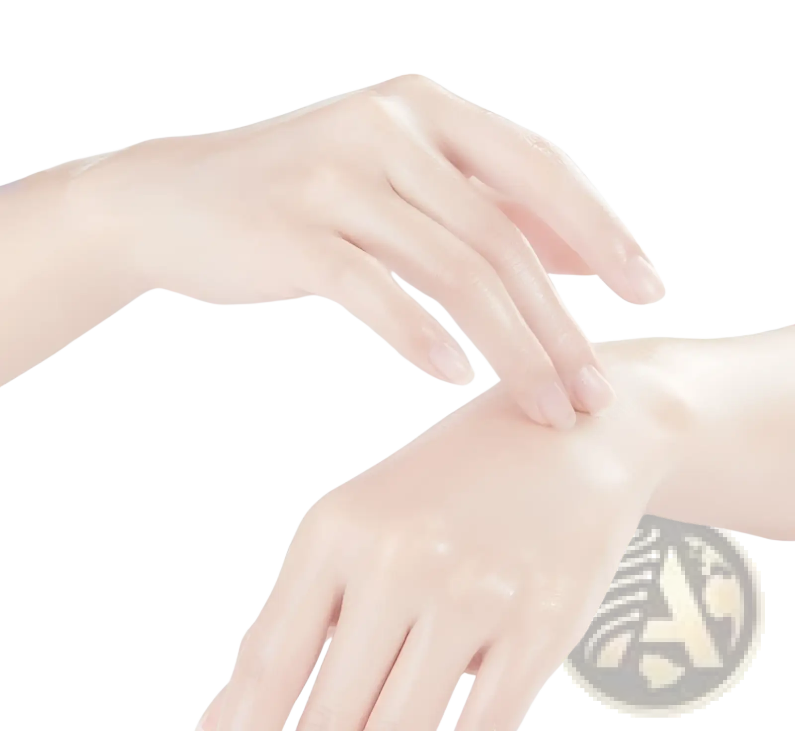 A pair of hands gently applying clear glossy goat milk niacinamide hand mask whitening moisturizer to the skin