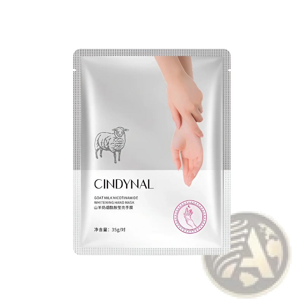 Cindynal goat milk niacinamide whitening hand mask in sleek silver and white foil pouch with minimalist design