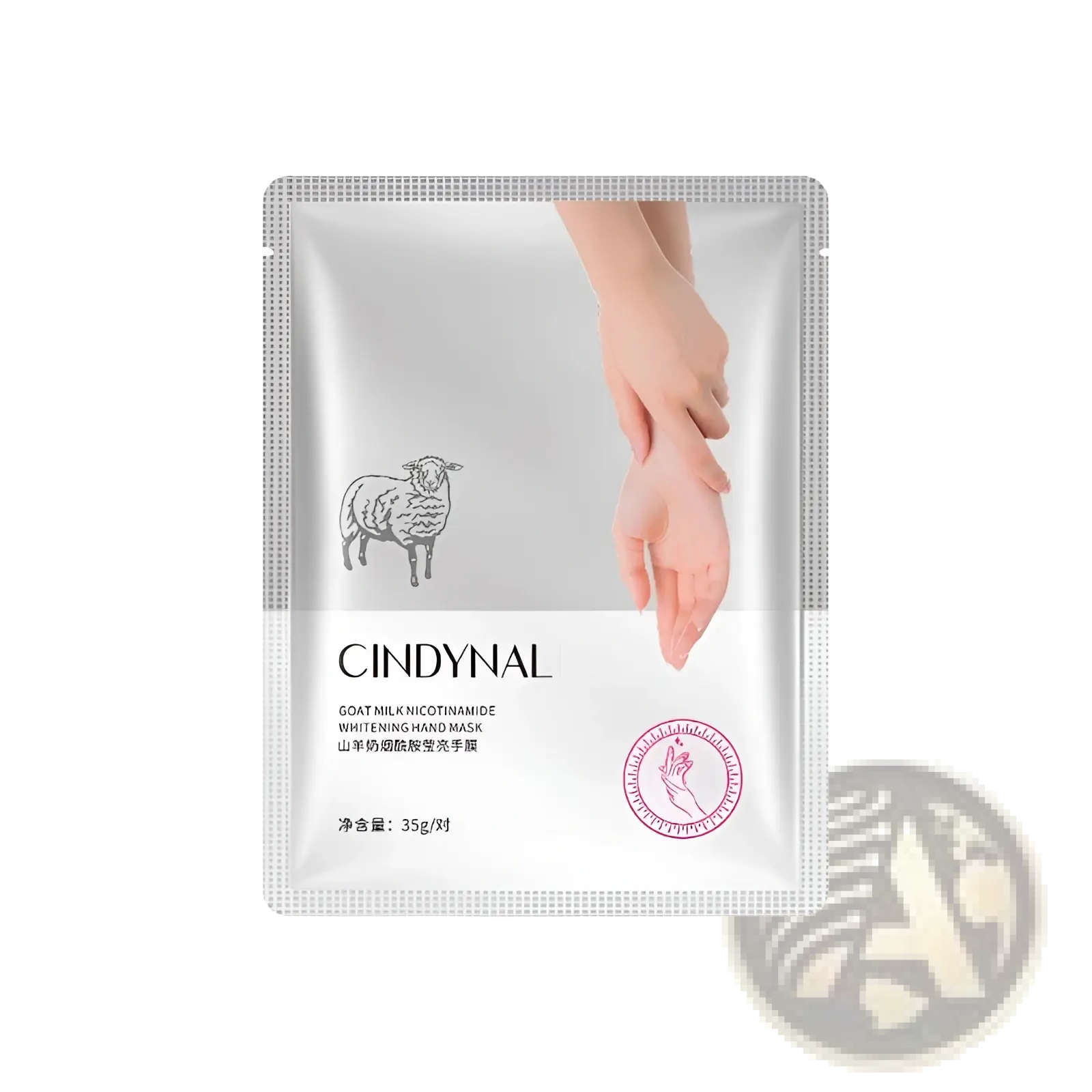 Cindynal goat milk niacinamide whitening hand mask in sleek silver and white foil pouch with minimalist design