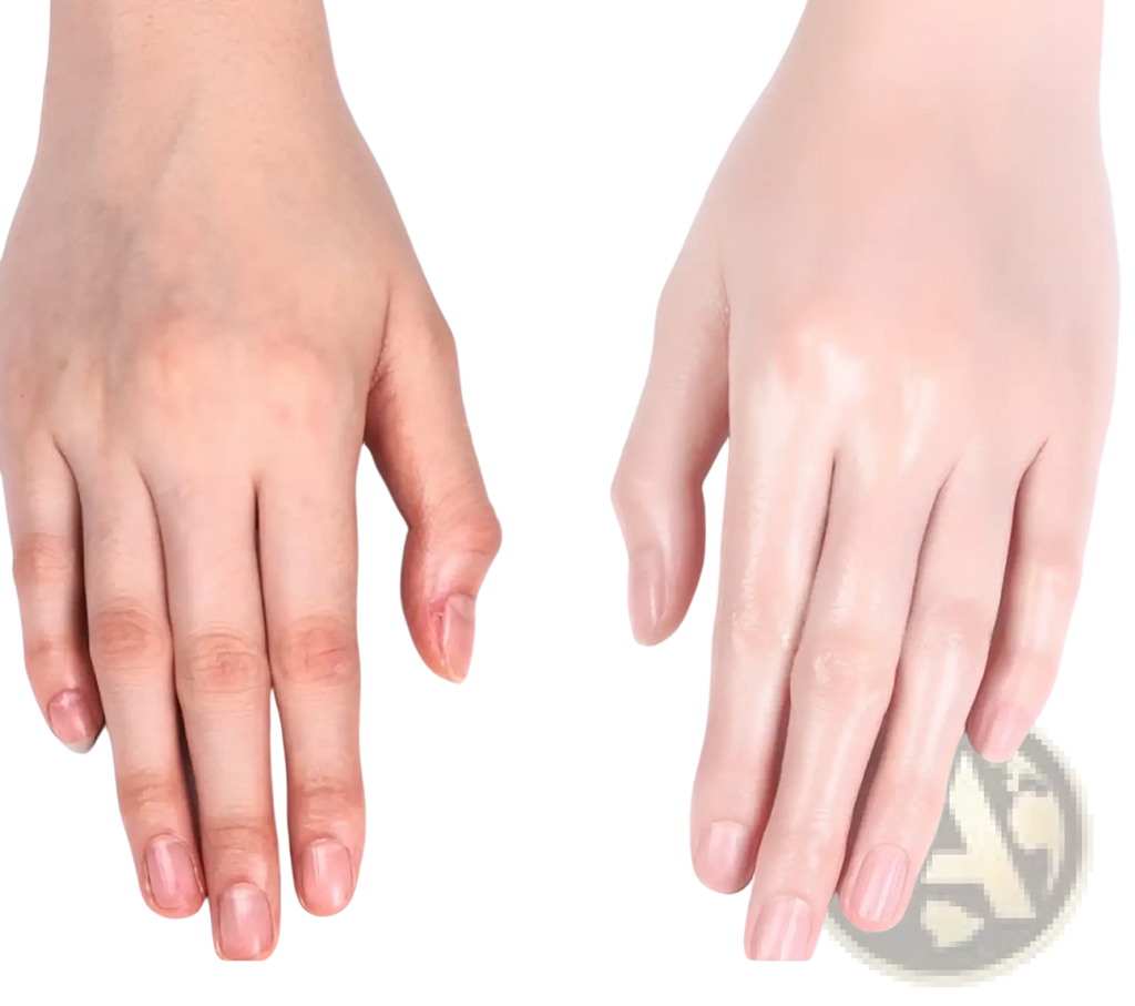 Two hands with natural skin tone and neatly trimmed light pinkish nails using goat milk niacinamide hand mask moisturizer