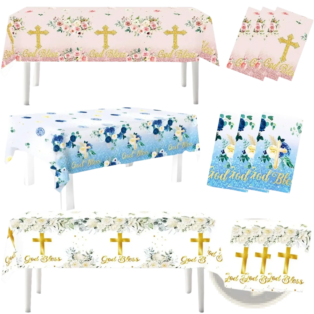 God bless baptism tablecloth with pink white and blue floral patterns gold crosses and god bless text for party decor