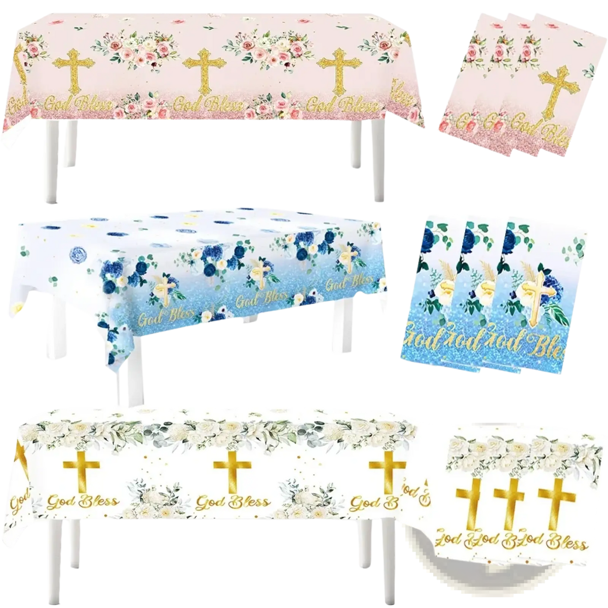 God bless baptism tablecloth with pink white and blue floral patterns gold crosses and god bless text for party decor