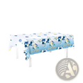White plastic baptism tablecloth with blue and gold floral cross pattern and god bless script party cover