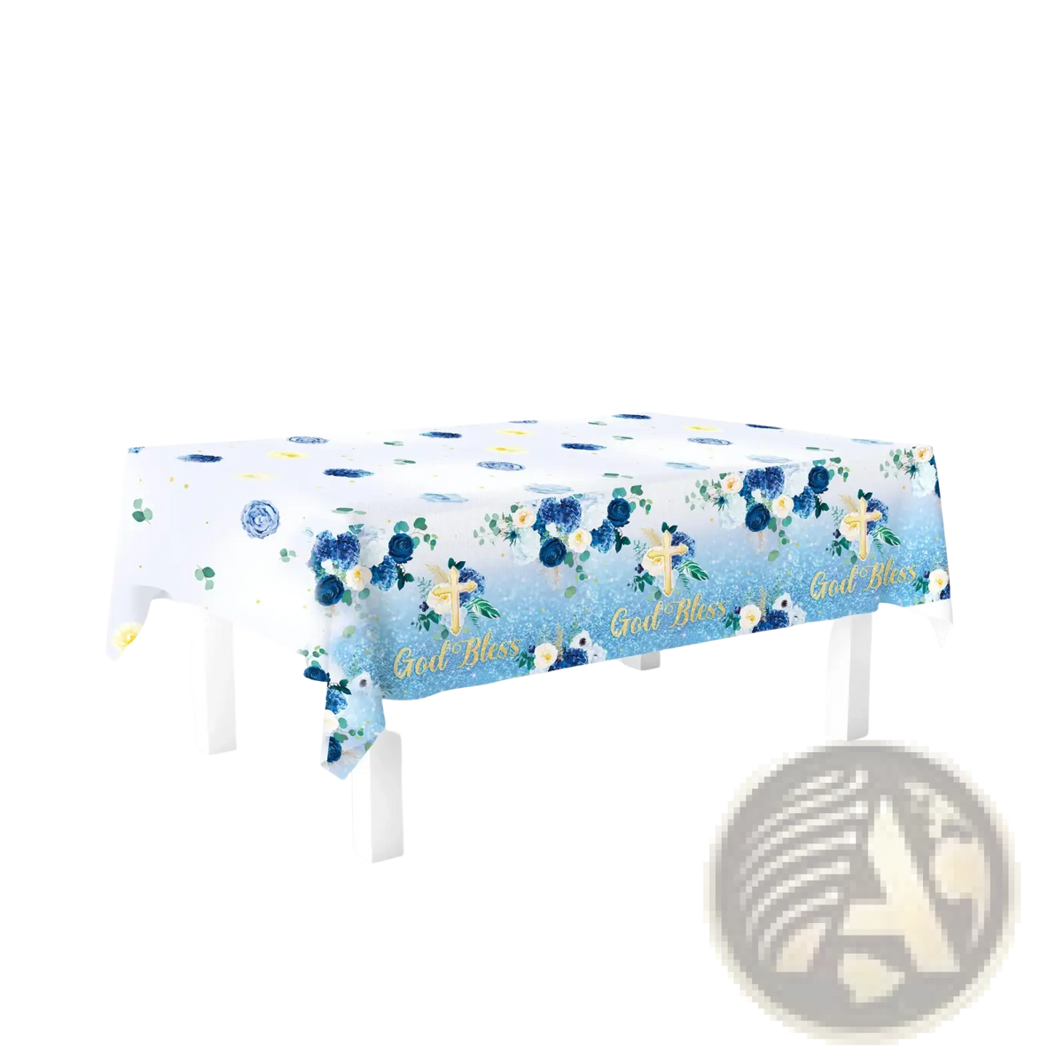 White plastic baptism tablecloth with blue and gold floral cross pattern and god bless script party cover
