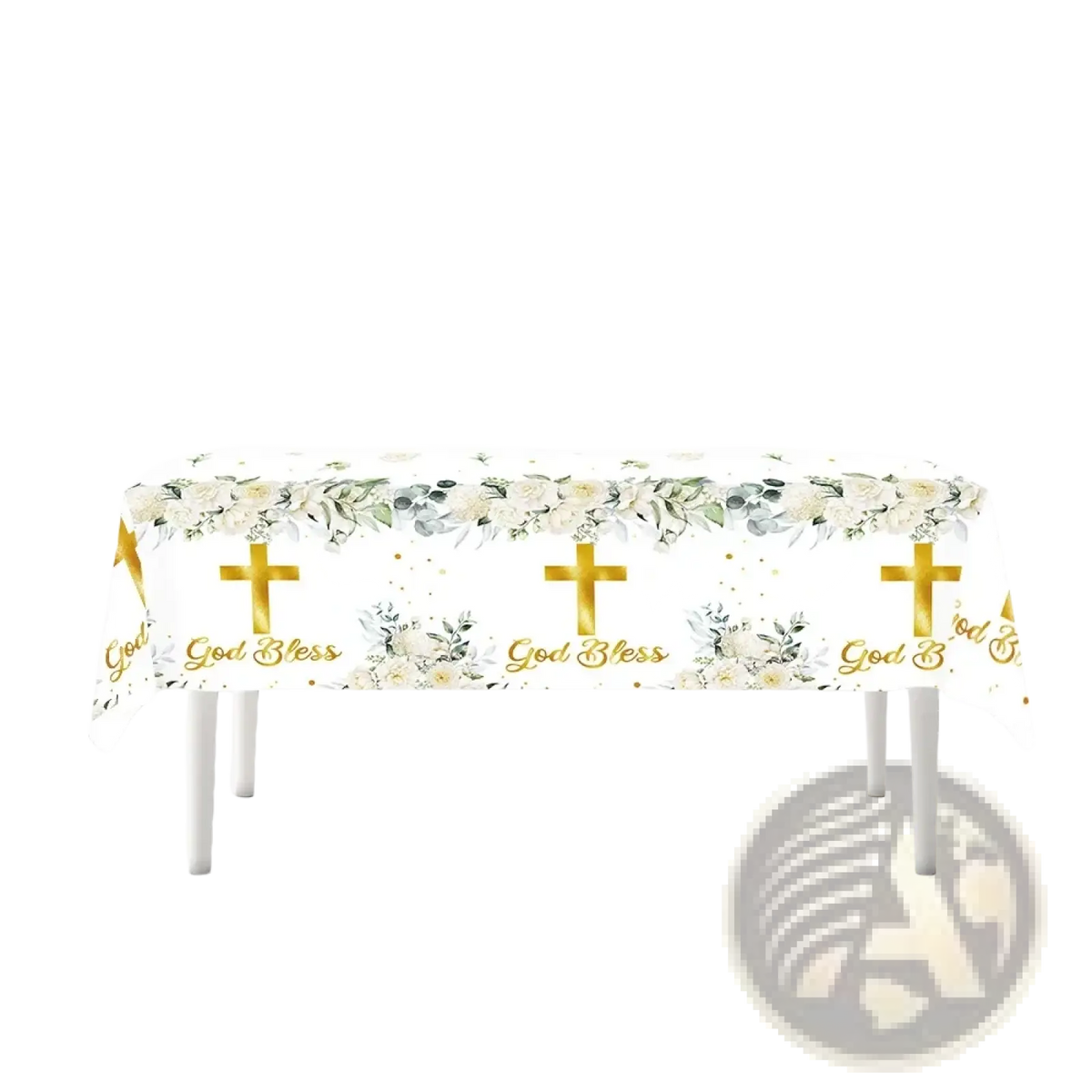White baptism tablecloth with gold crosses god bless text and delicate white green floral patterns party cover