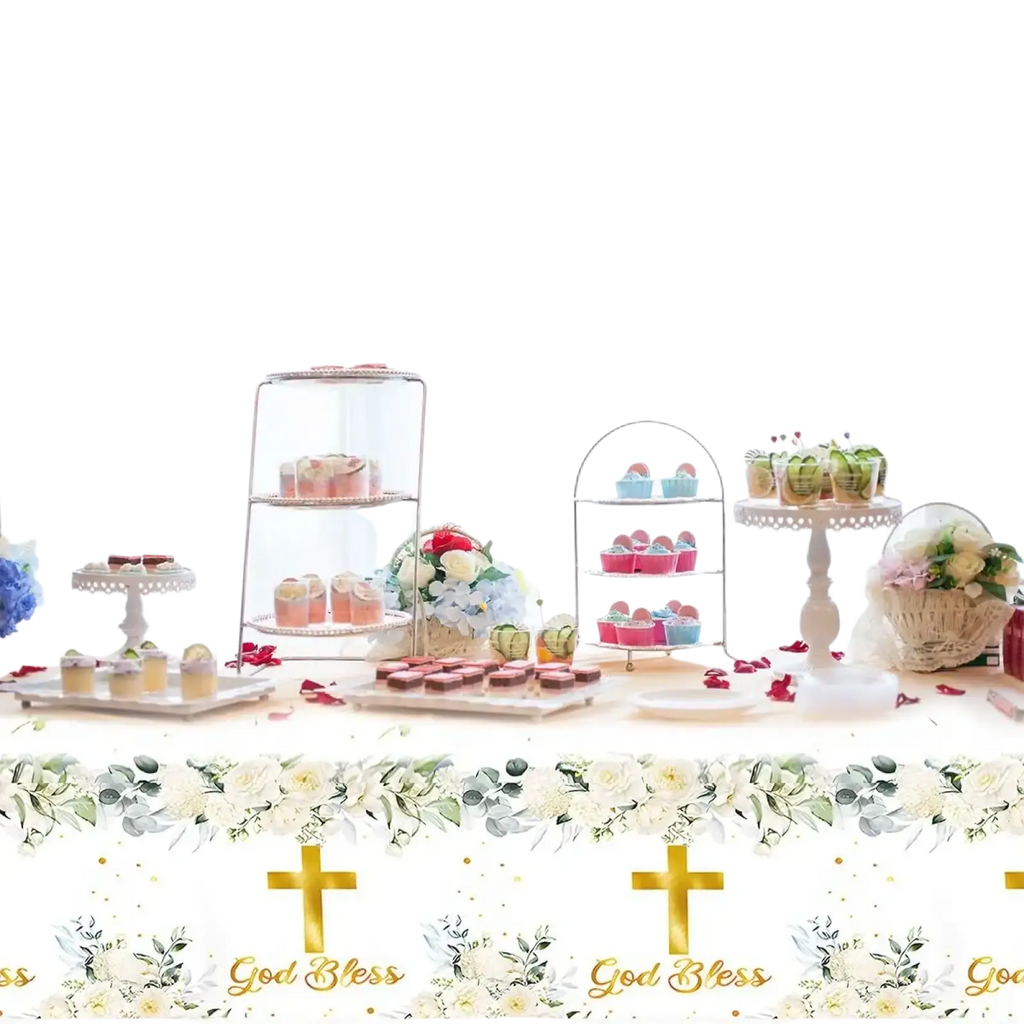 White floral baptism table runner with gold crosses and god bless text for religious party decor