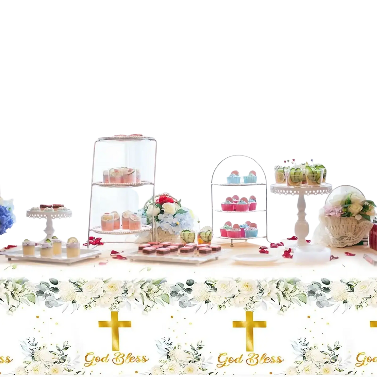White floral baptism table runner with gold crosses and god bless text for religious party decor