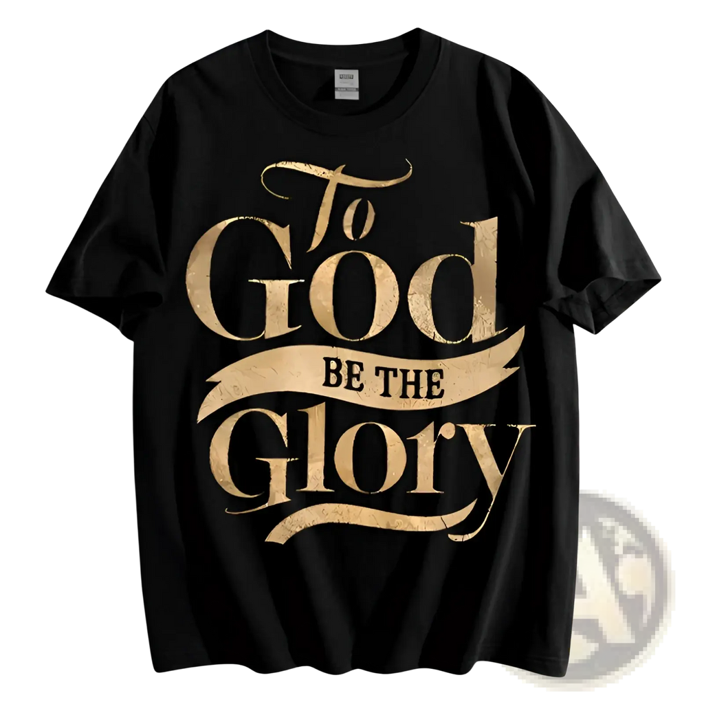 Black cotton t-shirt with gold foil print of to god be the glory in elegant distressed typography