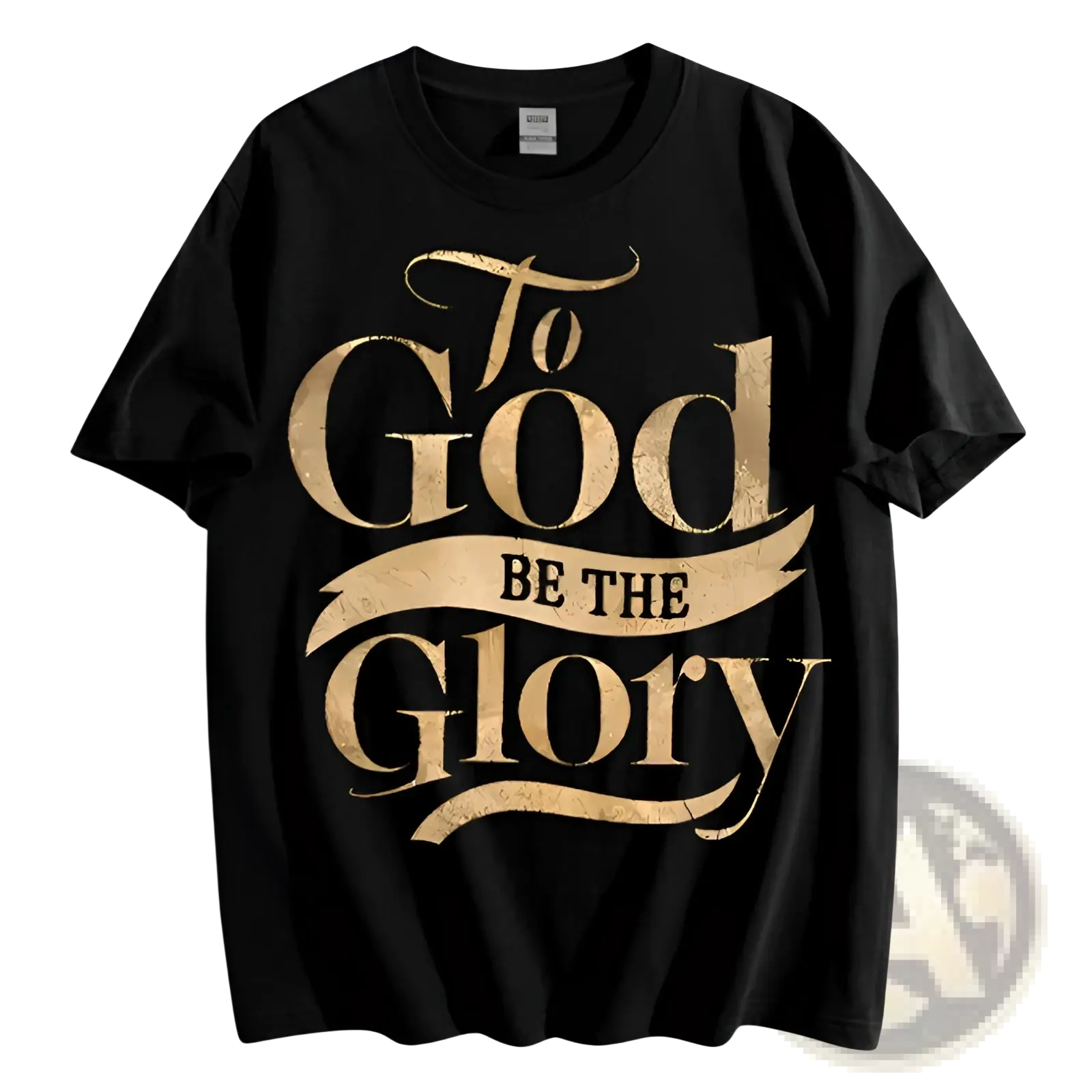 Black cotton t-shirt with gold foil print of to god be the glory in elegant distressed typography