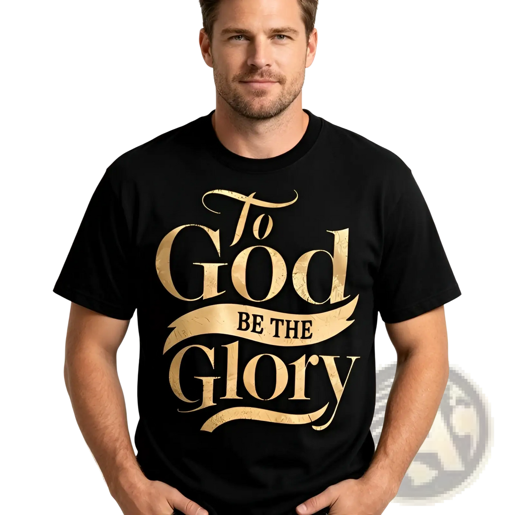 Black cotton t-shirt with gold foil print featuring to god be the glory in elegant distressed script font