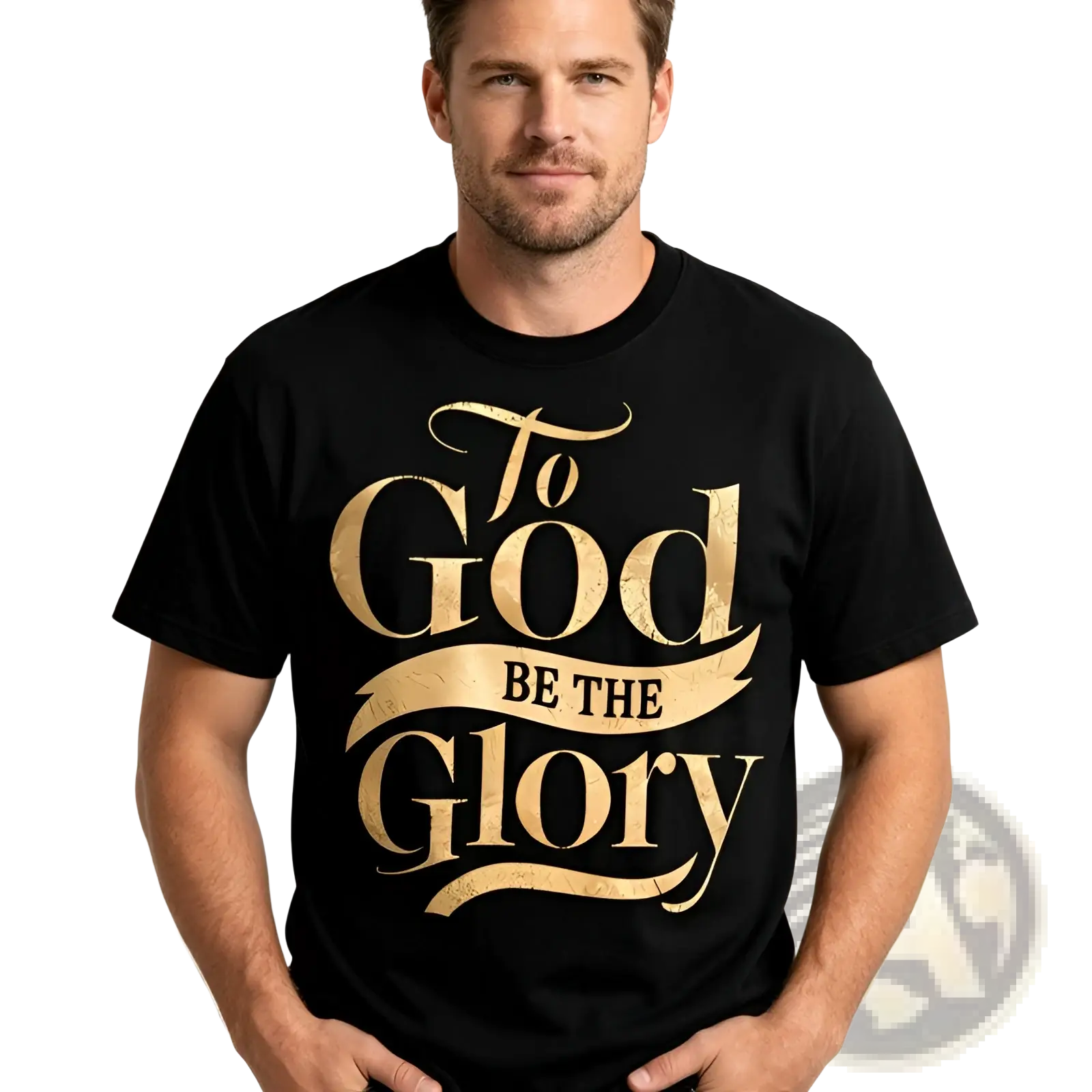 Black cotton t-shirt with gold foil print featuring to god be the glory in elegant distressed script font