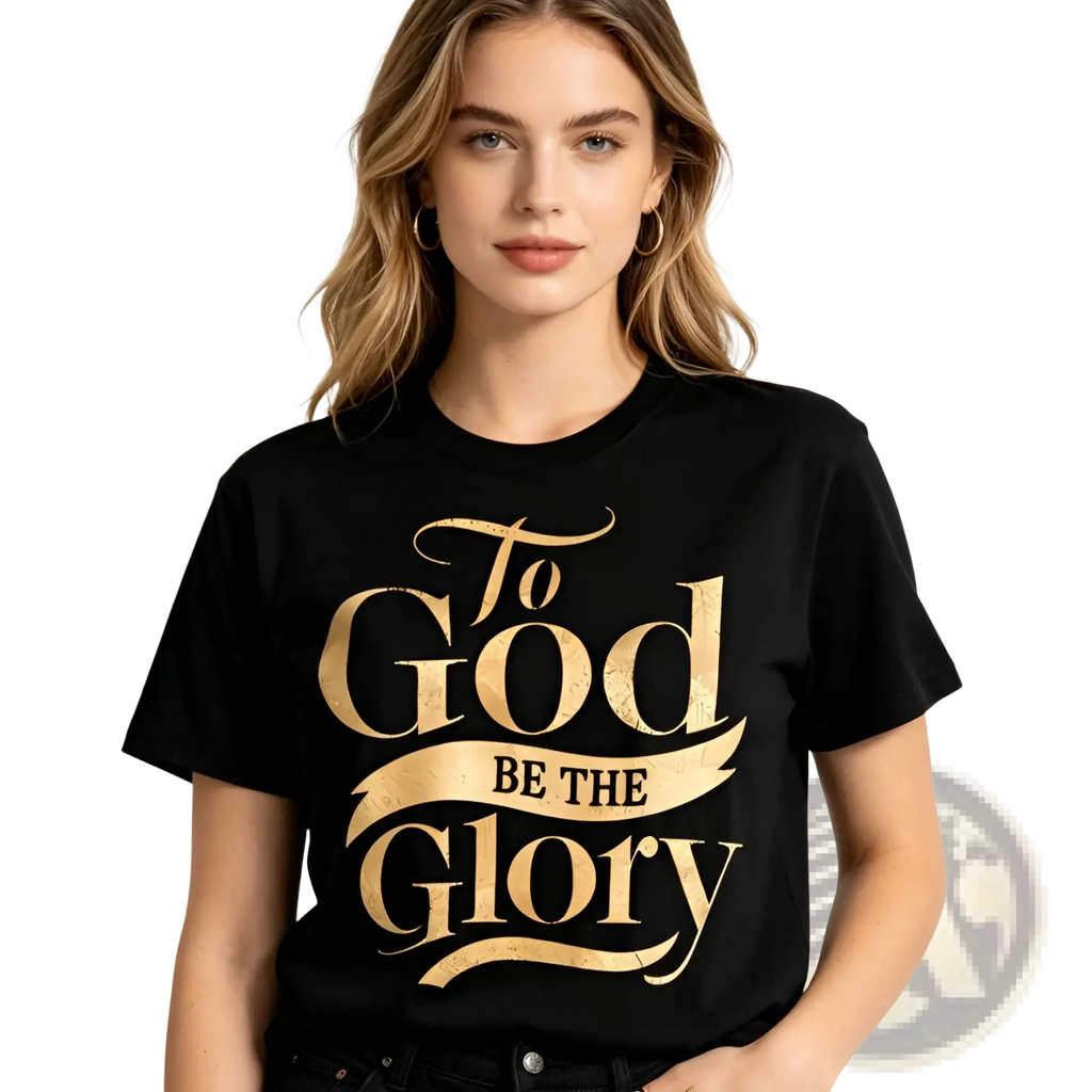 Black cotton t-shirt with gold foil print of to God be the glory in elegant script font