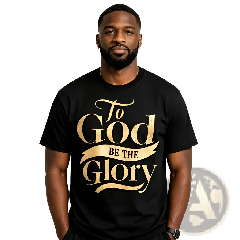 Black t-shirt with gold foil elegant script lettering to god be the glory for inspirational wear