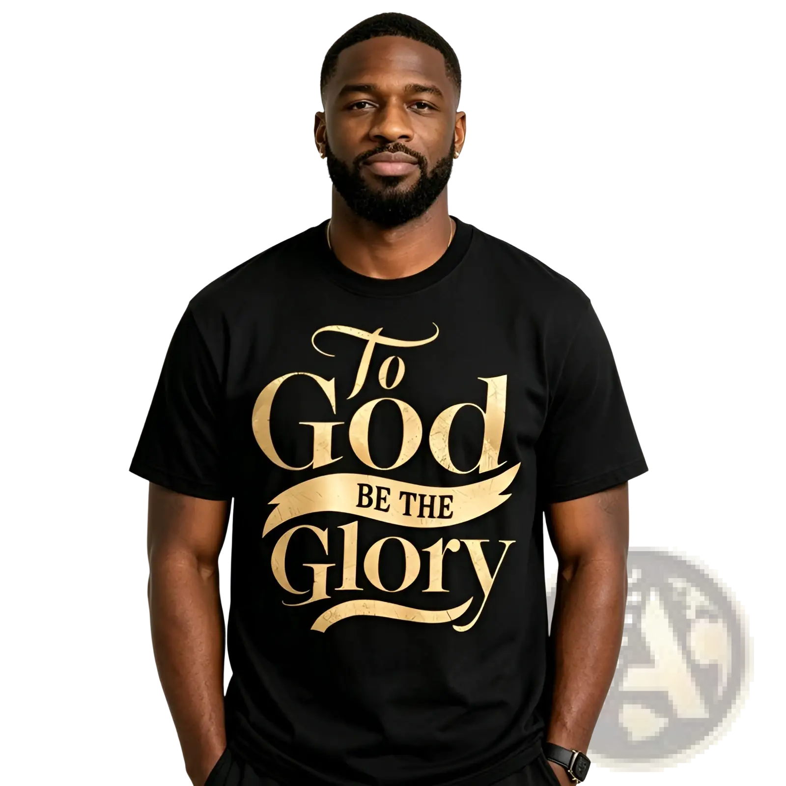 Black t-shirt with gold foil elegant script lettering to god be the glory for inspirational wear