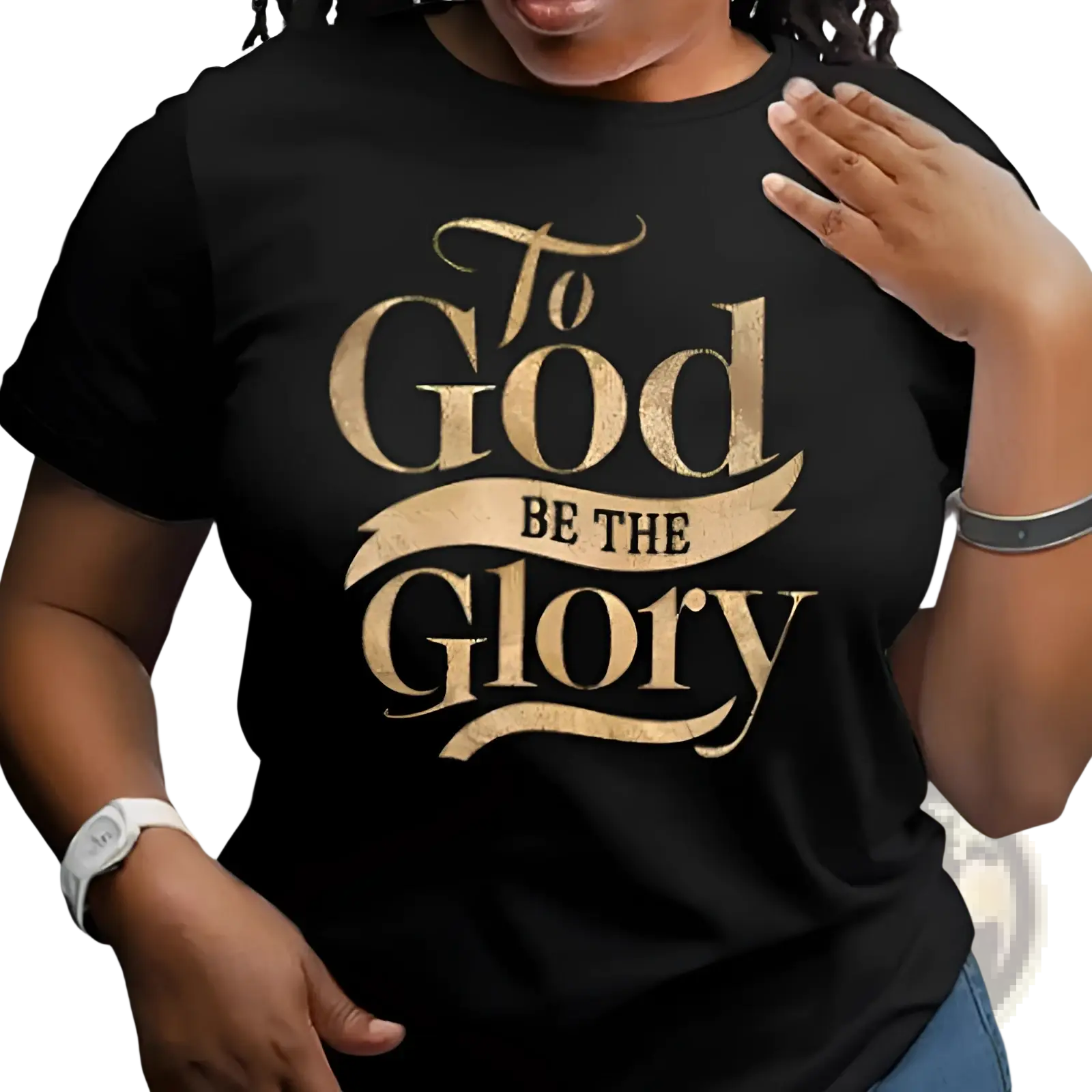 Black t-shirt with gold foil lettering to god be the glory in decorative script font for inspirational wear