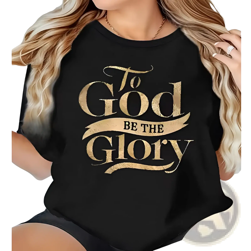 Black short-sleeved t-shirt with gold foil lettering to god be the glory in decorative script font