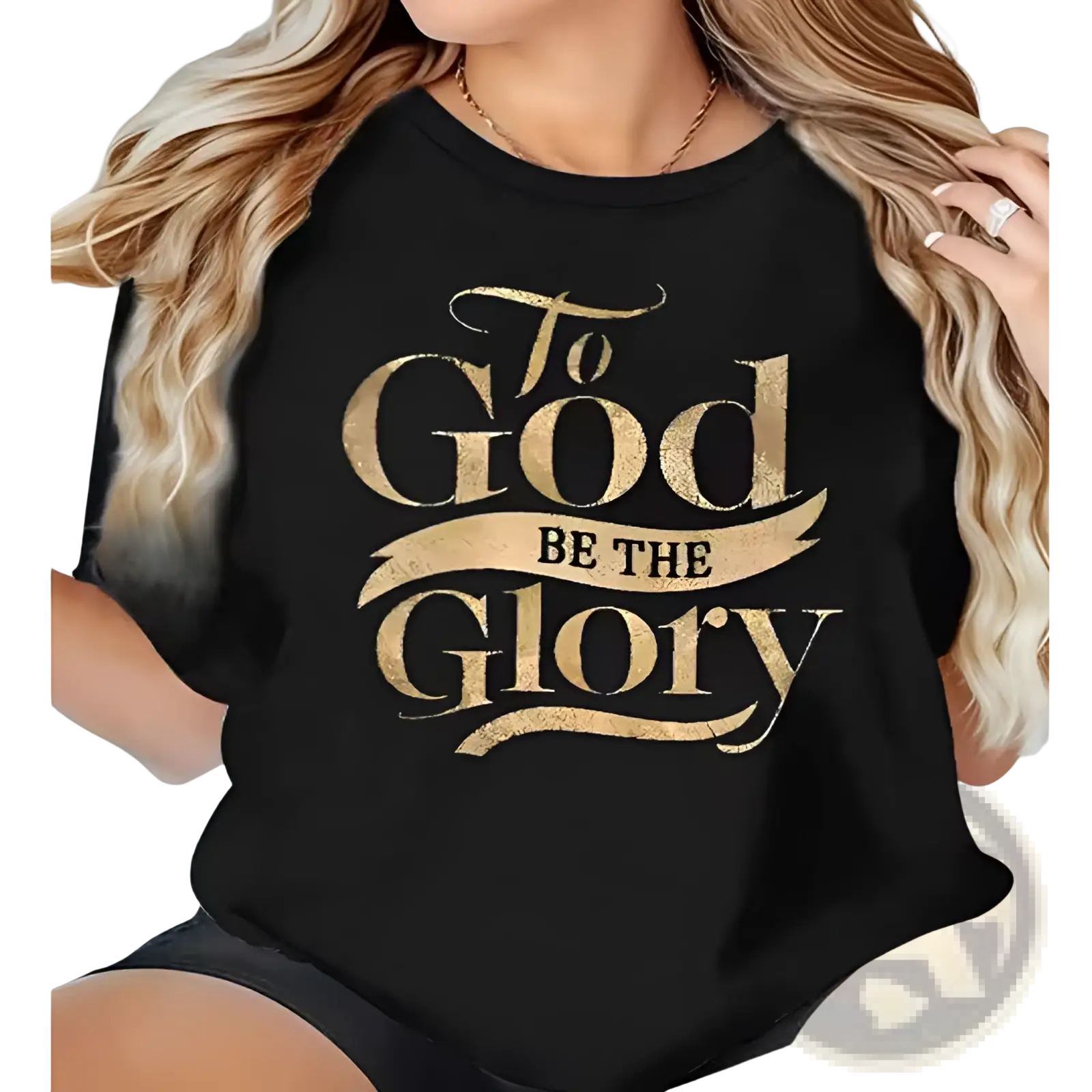 Black short-sleeved t-shirt with gold foil lettering to god be the glory in decorative script font