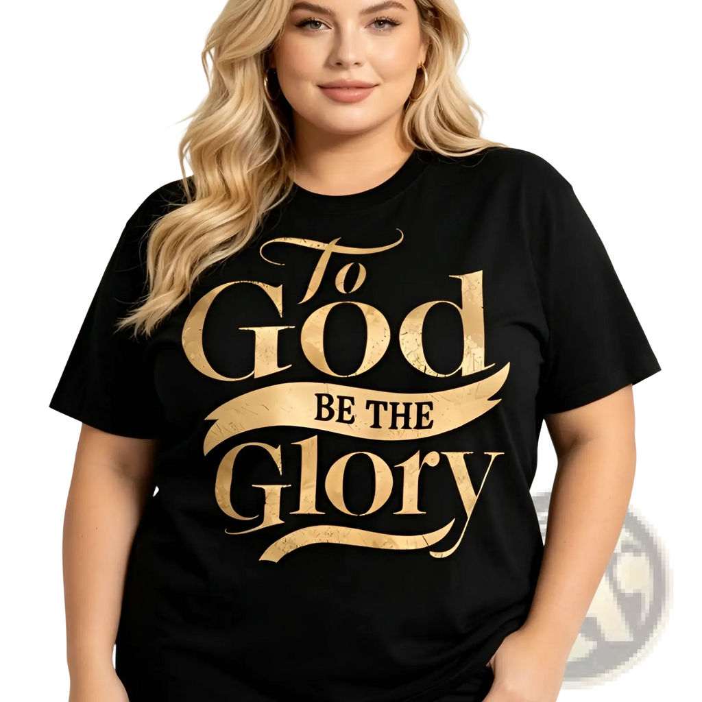 Black short-sleeved cotton t-shirt with gold foil to god be the glory lettering in decorative script font